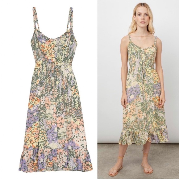 Evereve Rails Adalyn Midi Dress in Gardenia Floral Print Green Yellow Ruffle S - Picture 7 of 16